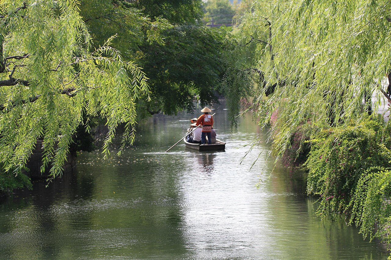 A small flat-bottomed boat with one person on a green canal, overhung by long willow branches on both banks.