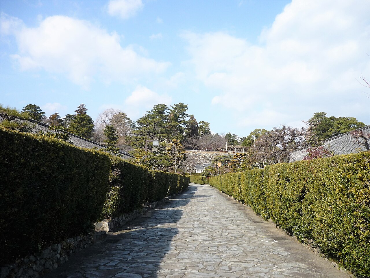 Stone-paved lane between hedges at Gojoban Yashiki, a row of former samurai residences in Matsusaka