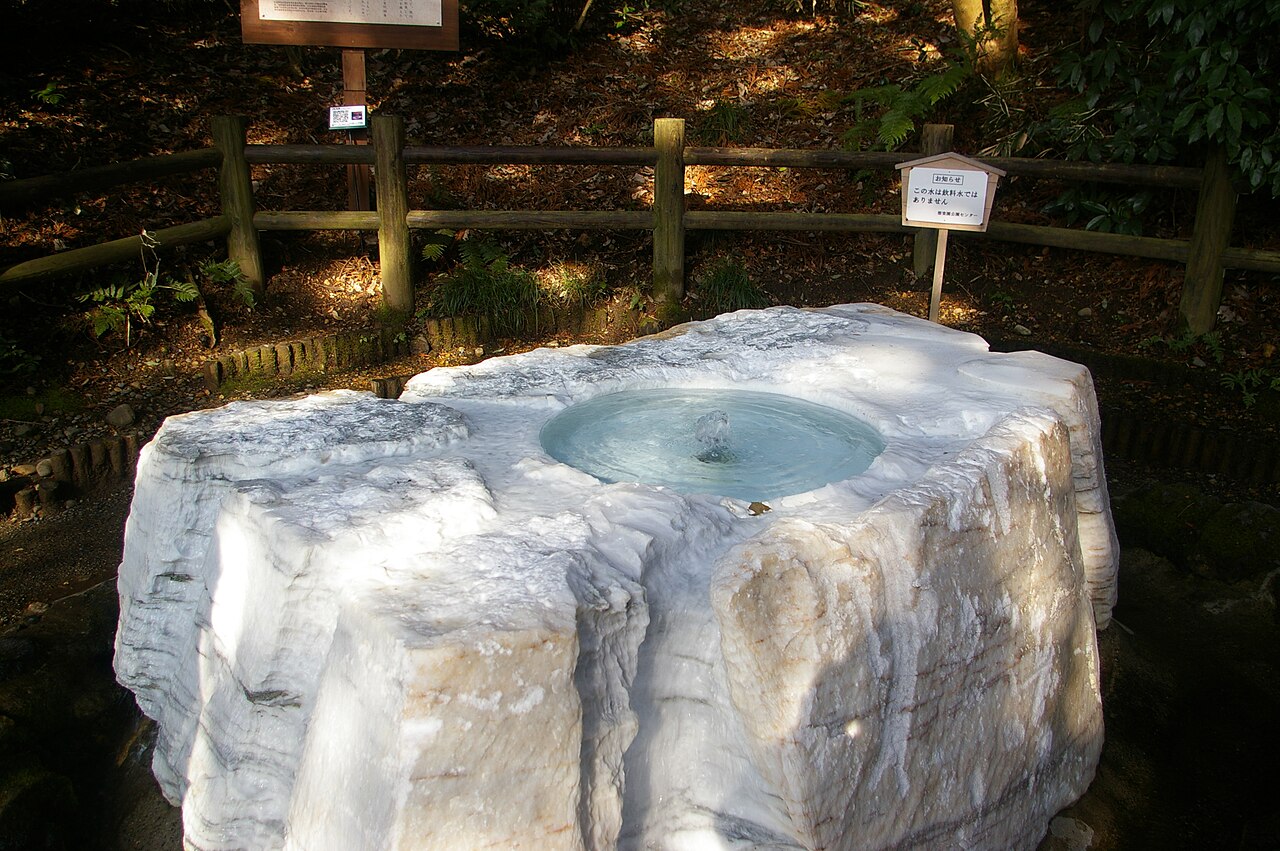 A spring welling up in the shallow basin of a large white marble-like rock in Kairakuen, with a wooden fence and woodland behind it.