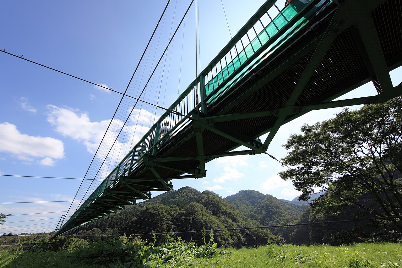 Looking up from below at the green steel deck and cables of a long suspension bridge against a blue sky, with forested hills and grass beneath.