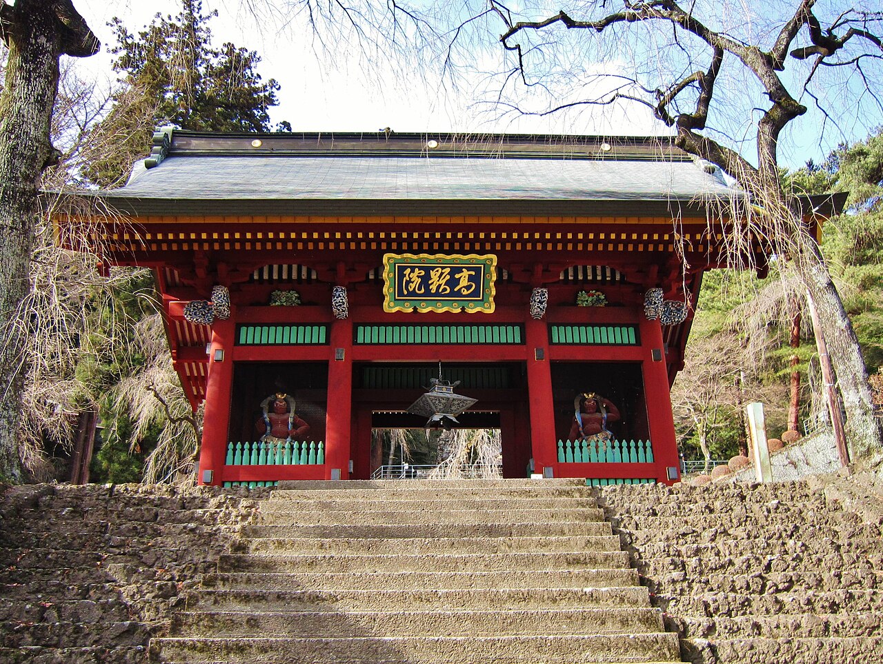 Somon, the outer gate of Myogi Shrine, at the base of the stone steps leading up the mountainside