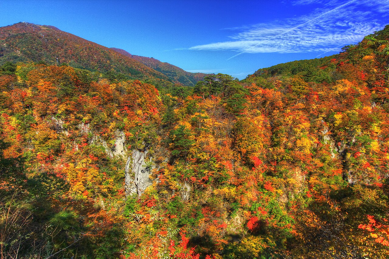 Naruko Gorge in autumn: steep grey rock walls under dense red, orange and yellow foliage, with a forested ridge and blue sky behind.