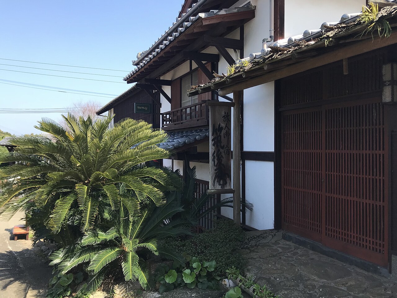 A traditional white-walled house with a tiled roof and dark red lattice door beside a green sago palm under a clear blue sky