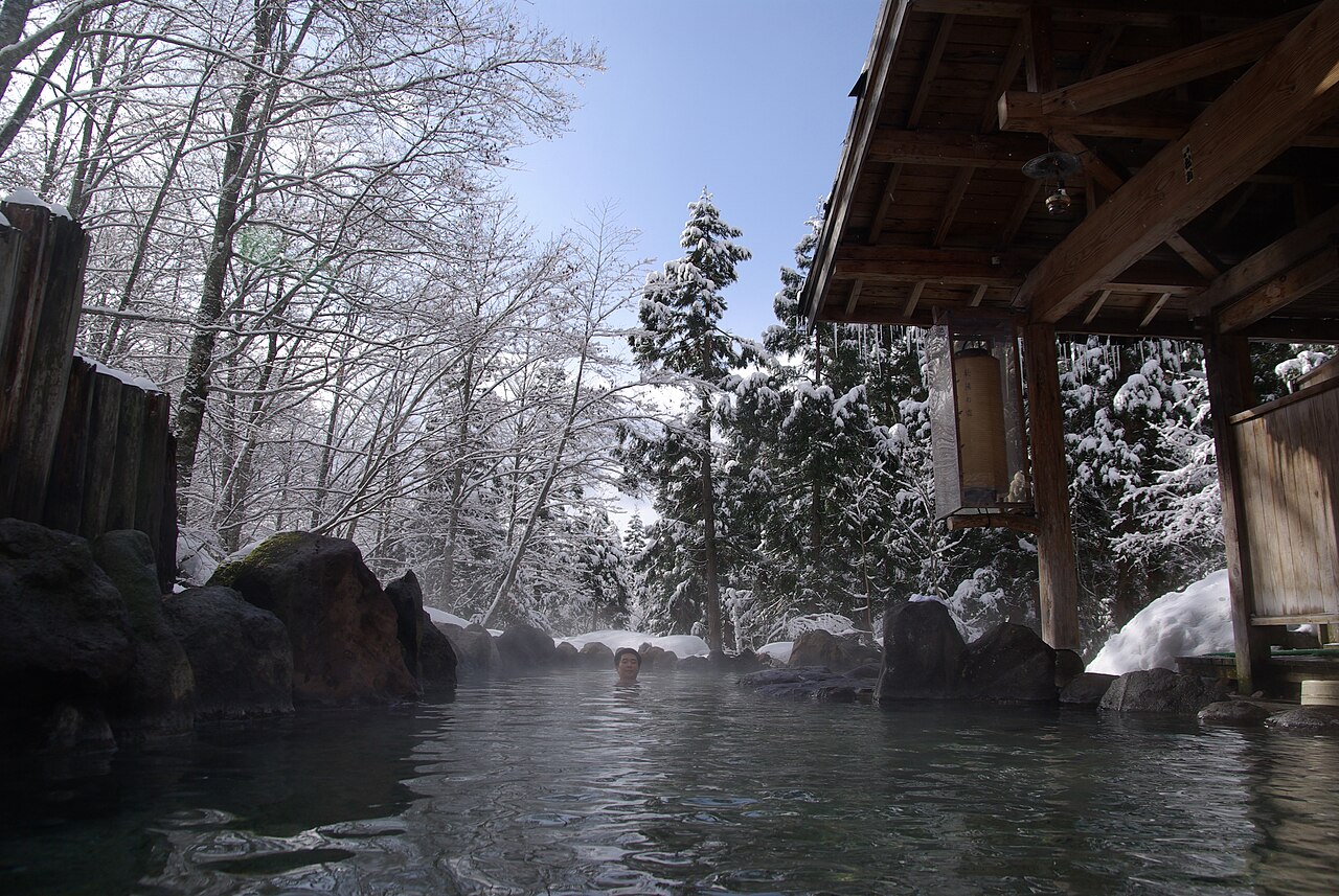 Outdoor bath at Ganiba Onsen under a timber roof, surrounded by snow-covered bare trees