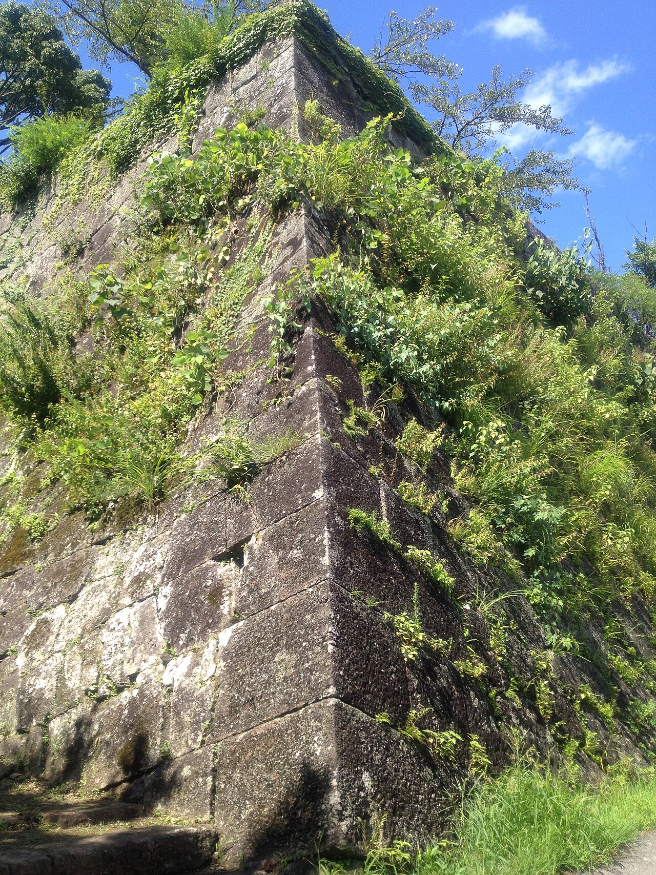 The tall ivy-covered stone wall corner of the turret base at Oka Castle Ruins under a blue sky