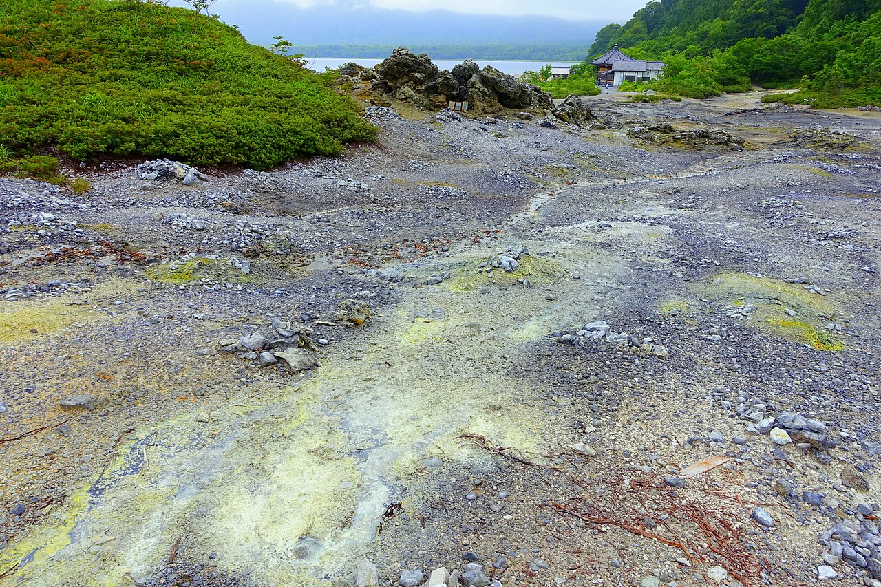 Gray volcanic ground with yellow-green sulfur deposits and green shrubs, with a lake in the distance