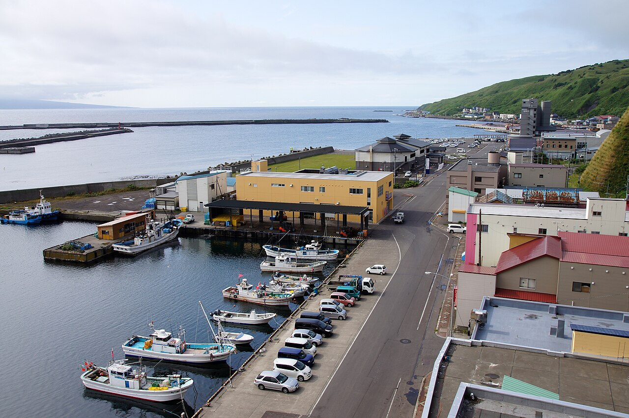 A small harbor with fishing boats and a road lined with low buildings at Kafuka Port, with a green hill and calm sea beyond.