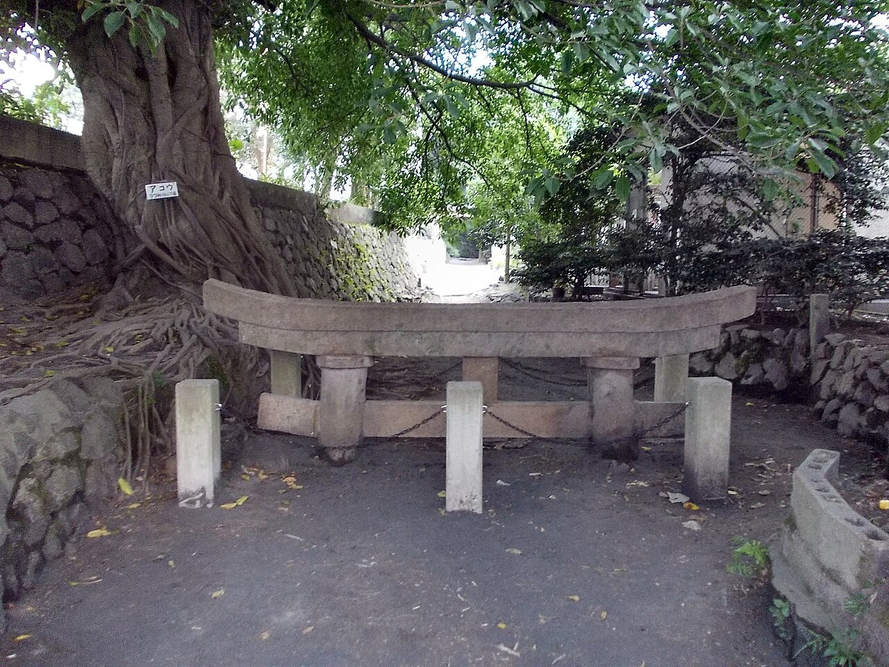 Only the top beam and upper posts of a stone shrine gate show above the ground, shaded by a large tree