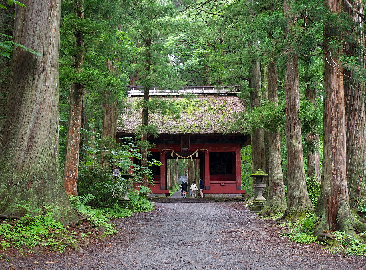 Red-painted Zuishinmon gate with a moss-covered thatched roof standing among tall cedars at the end of a gravel path