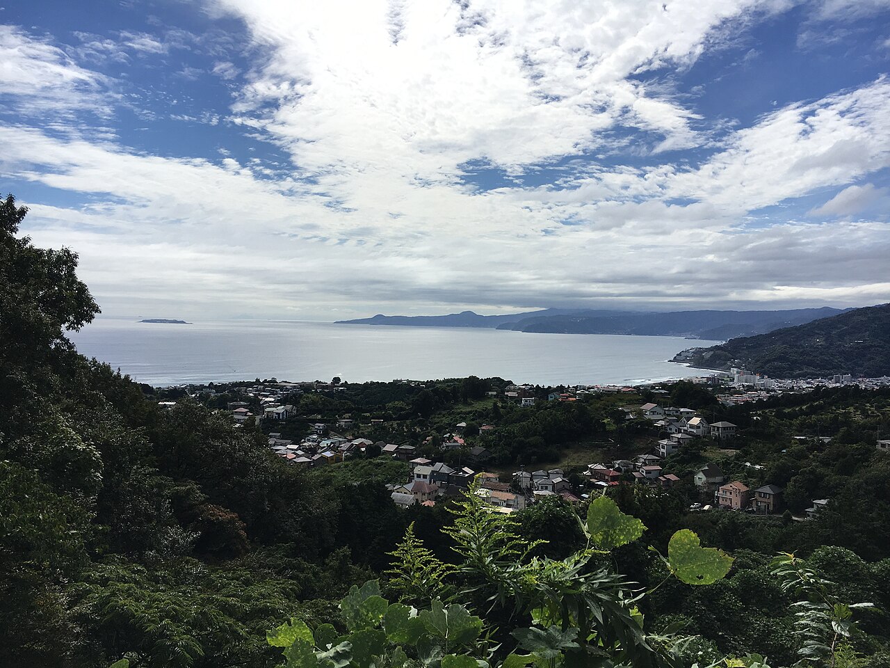 A view down over a wooded hillside and town to a wide bay, with distant headlands under a bright sky with scattered clouds.