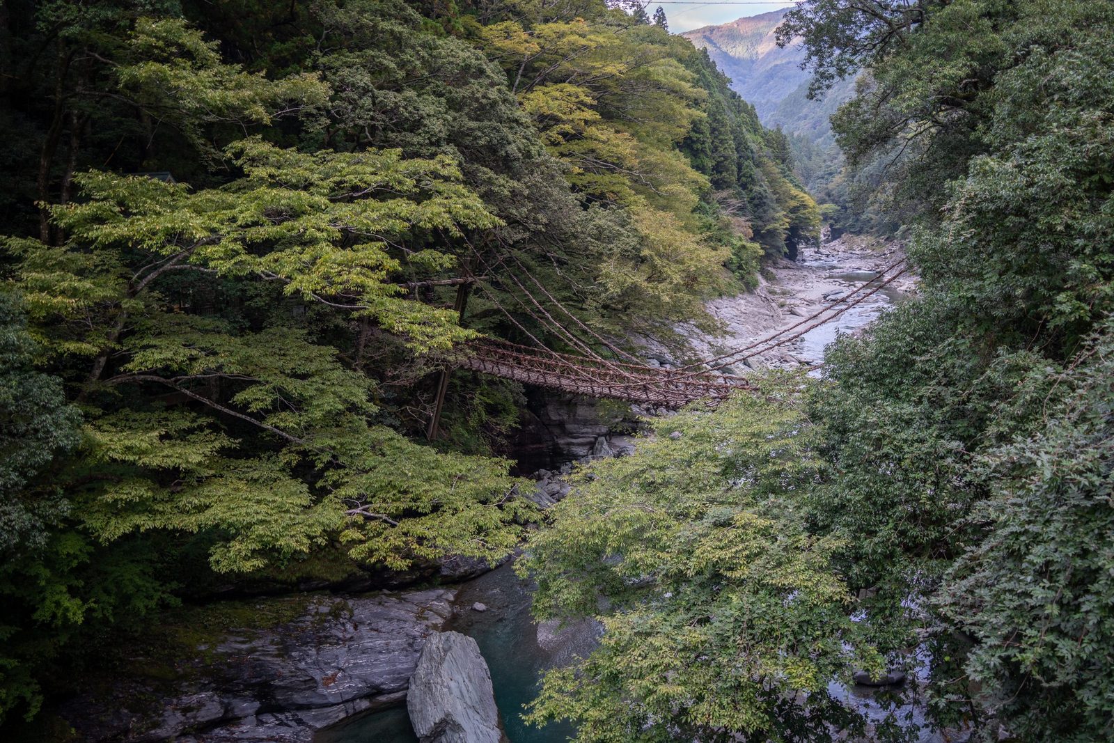 The Iya vine bridge seen from above, spanning a rocky green river gorge with forested slopes on both sides
