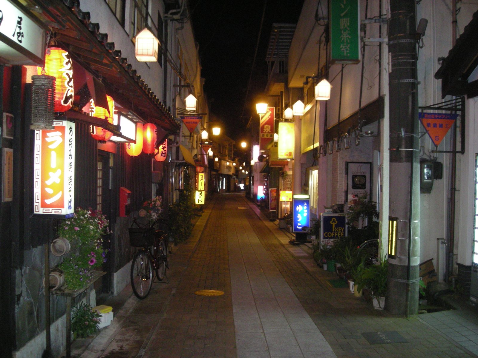 A narrow lantern-lit street in Misasa Onsen at night, lined with small inns and eateries