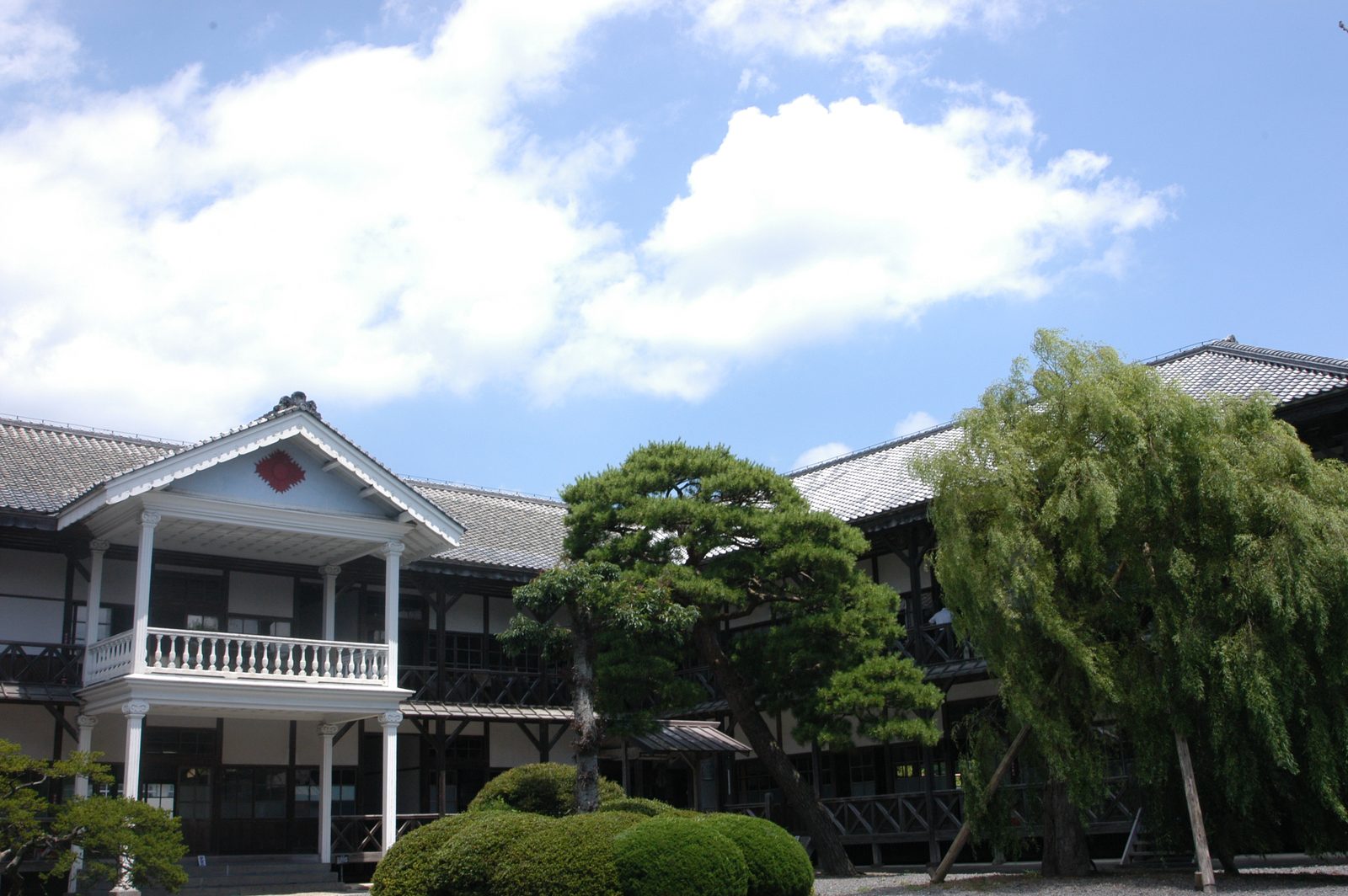 Former school courtyard with a white columned balcony, a pine and a willow under a blue sky.