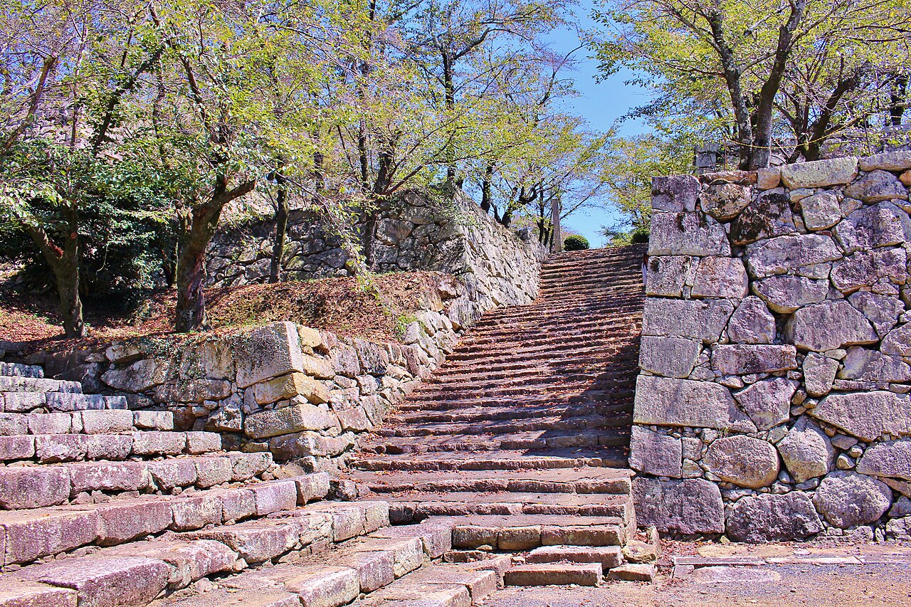 A long stone staircase climbing between tall stone ramparts at Tsuyama Castle, lined with trees