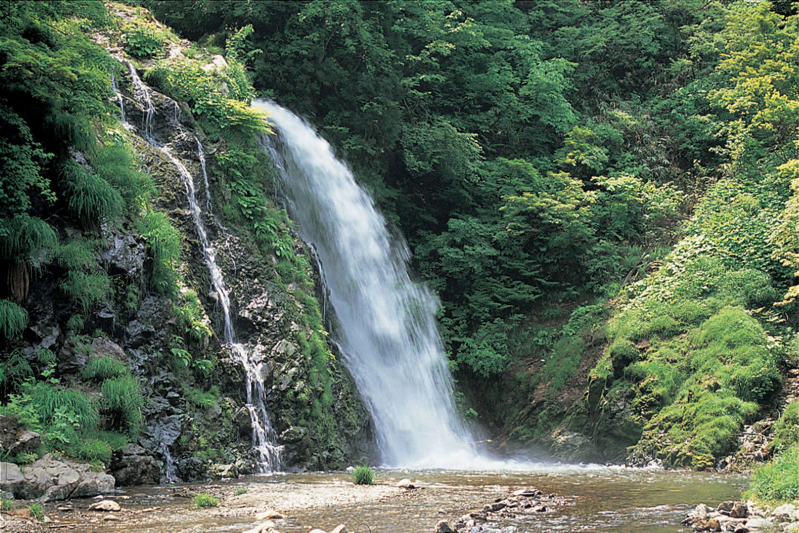 A slender waterfall dropping over mossy rock into a stream, surrounded by dense green summer foliage.