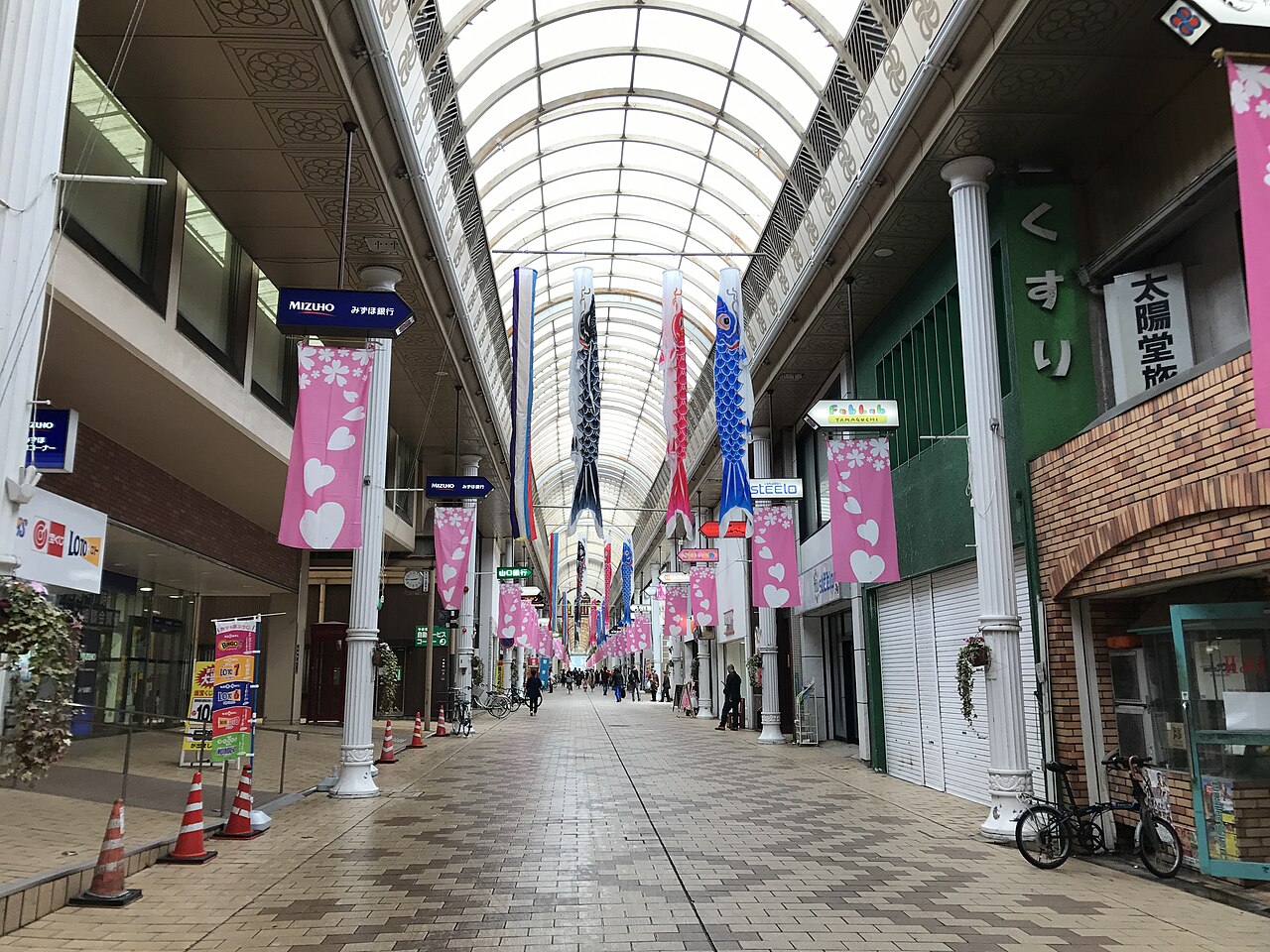 Carp streamers strung above the covered Komeyacho shopping arcade in central Yamaguchi