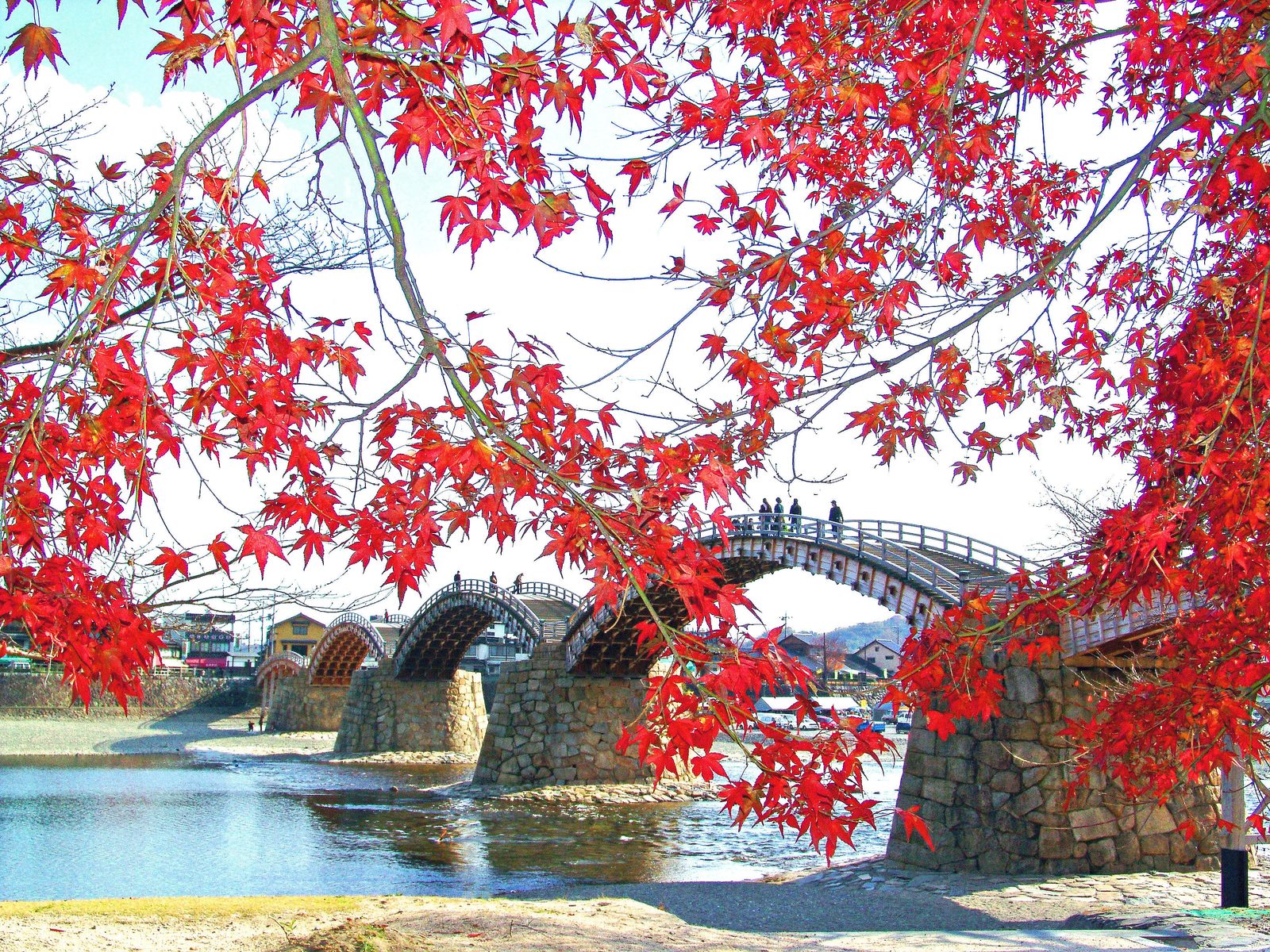 Red autumn maple leaves framing the wooden arches of Kintaikyo Bridge