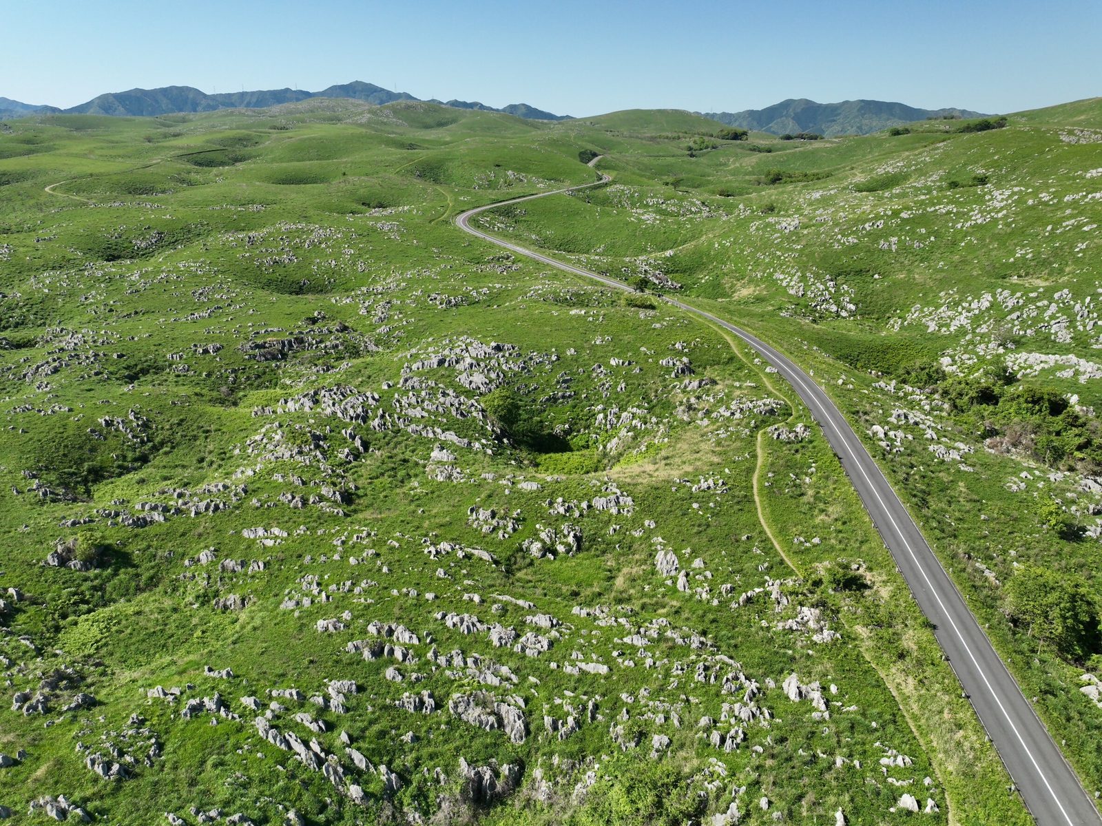 Aerial view of a paved road winding across the green karst plateau, with scattered limestone outcrops and bowl-shaped hollows
