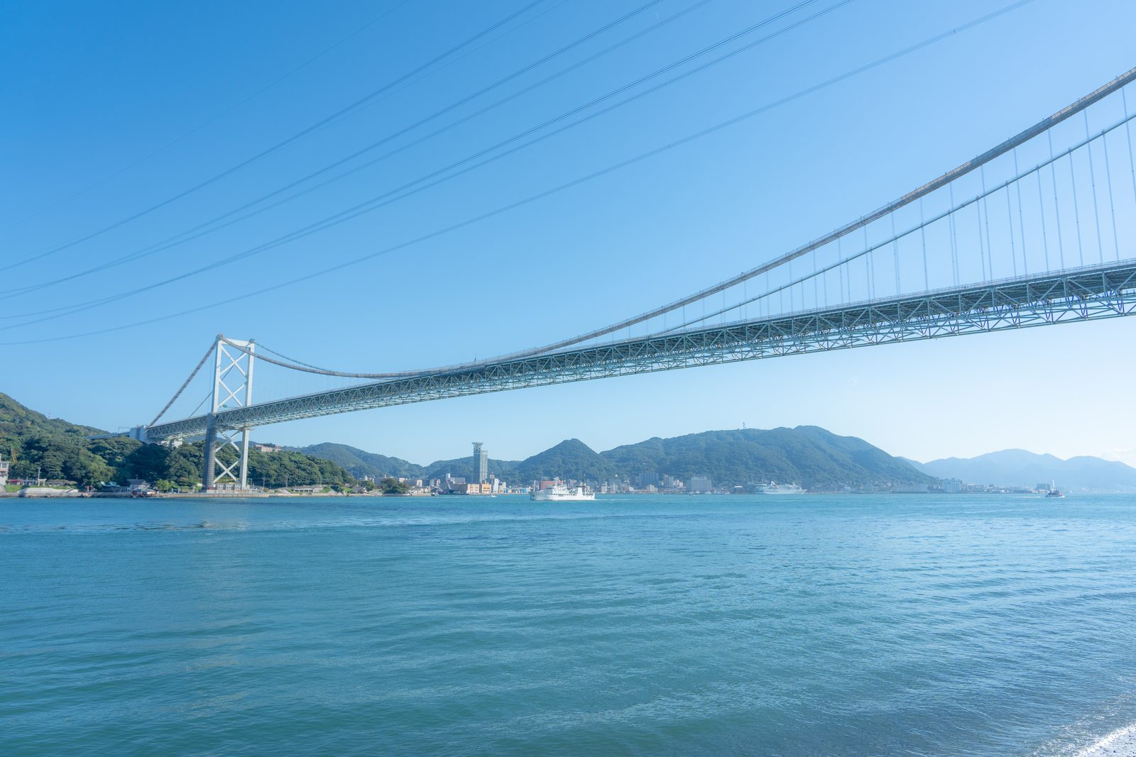 The Kanmon Bridge spanning the blue Kanmon Strait on a clear day, with green hills on the far shore